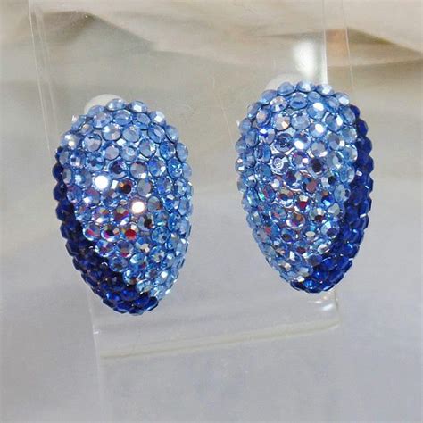 These Vintage Two Tone Large Dark And Light Blue Rhinestone Earrings