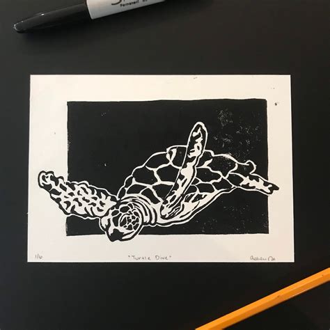 Black Sea Turtle Lino Block Print Ocean Marine Wildlife Art Etsy