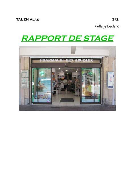 Rapport De Stage En Pharmacie 3ème Collège La Galerie