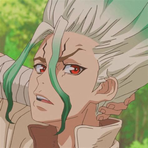An Anime Character With White Hair And Red Eyes Looks At Something In