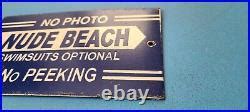 Vintage Nude Beach Porcelain Gas Service Station Pump No Peeking Warning Sign Vintage