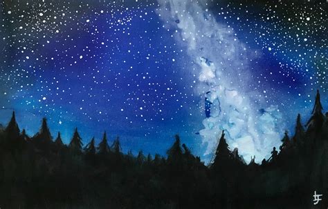 Night Sky Original Watercolour Painting Starry Sky Forest Etsy