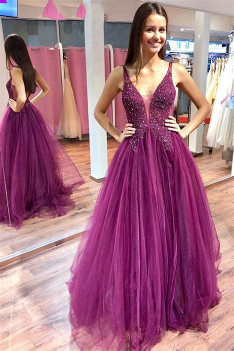 Elegant Purple Tulle A Line V Neck Beaded Floor Length Long Prom Dress