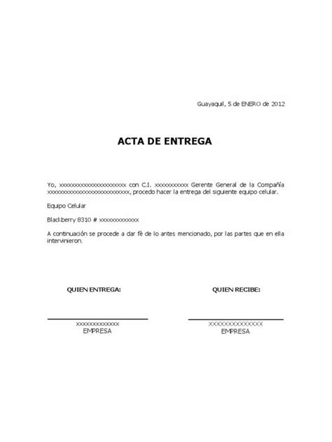 Modelo De Acta De Entrega De Bienes PDMREA