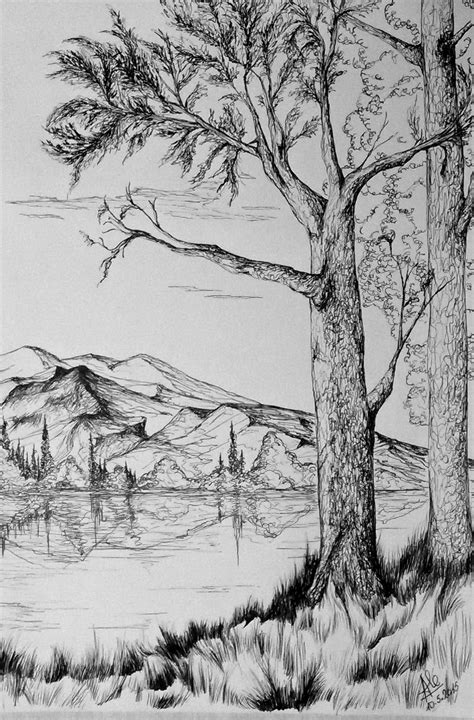Título El árbol Junto Al Lago Dibujo Con Boligrafo 47x32cm San
