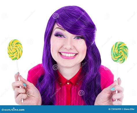 Happy Woman With Purple Hair Holding Two Lollipops Isolated On W Stock