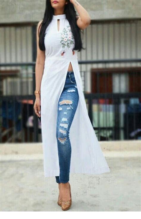 Long White And Jeans Inspiring Ladies A Line Kurti Long Kurti