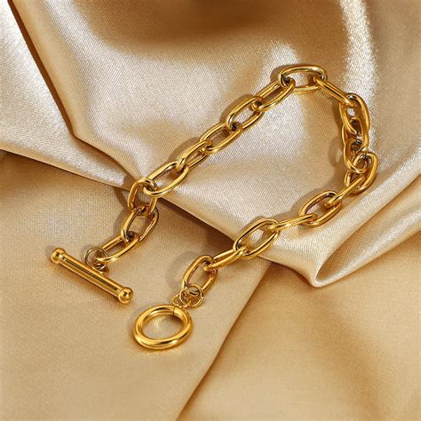 欧美时尚经典金色手链回形针手链ot套圈镀金不锈钢椭圆形链手链女 阿里巴巴