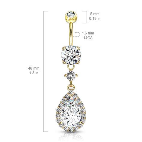 Large Tear Cz Shape Dangle 14kt Gold Plated Navel Belly Button Ring