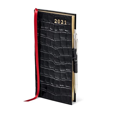 2021 Slim Pocket Diary With Pen In Black Croc Aspinal