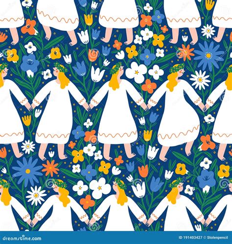 Midsummer Dancing Girls In Flower Field Vector Seamless Pattern Stock