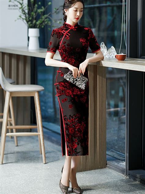 Mothers Red Blue Floral Velvet Maxi Qipao Cheongsam Dress