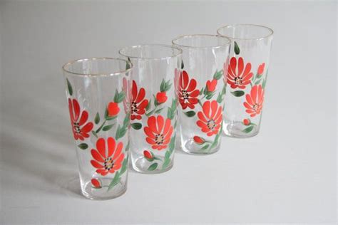 4 Vintage Floral Drinking Glasses Hand Painted Red Flowers Etsy Vintage Floral Vintage