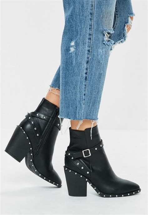 Black Faux Leather Western Studded Ankle Boots Boots Studded Ankle