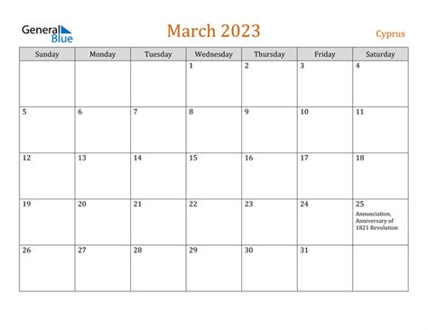 March 2023 Calendar With Cyprus Holidays