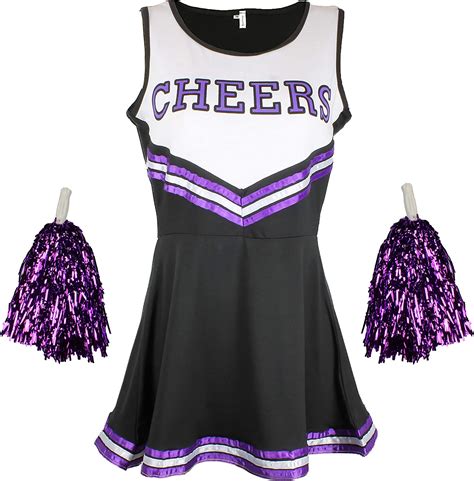 Cheerleader Fancy Dress Outfit Uniform High School Musical Costume With Pom Poms Black And