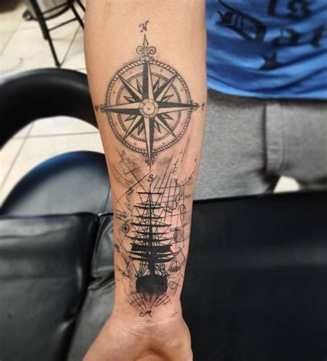 Creative Black Ink Forearm Tattoo Of Sailing Ship With Compass