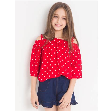 Girls Tops Red Dot Off Shoulder Sweet T Shirt Summer Teen Girls Clothes