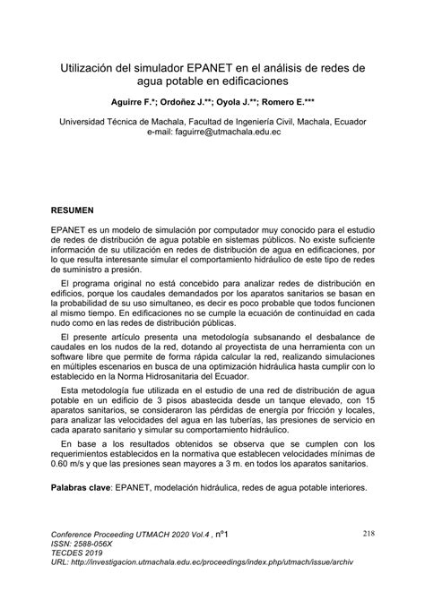 Pdf Utilización Del Simulador Epanet En El Análisis De Redes De Agua