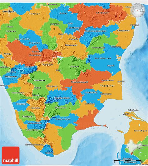 It is an interactive tamil nadu map, click on any object to get datiled description. Political 3D Map of Tamil Nadu