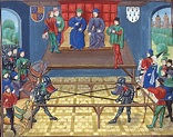 John IV, Duke of Brittany, KG (right) jousting in Vannes, Brittany ...