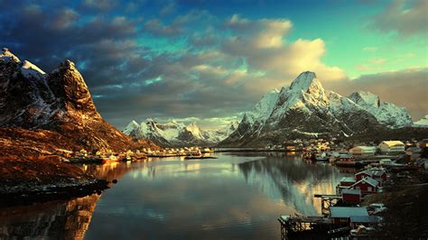 Pictures Lofoten Norway Village Winter Mountain Landscape 1366x768