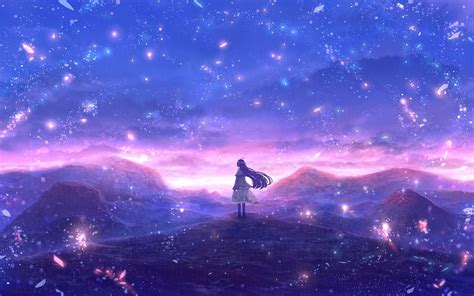 Wallpaper Scenery Glowing Anime Landscape Particles Polychromatic