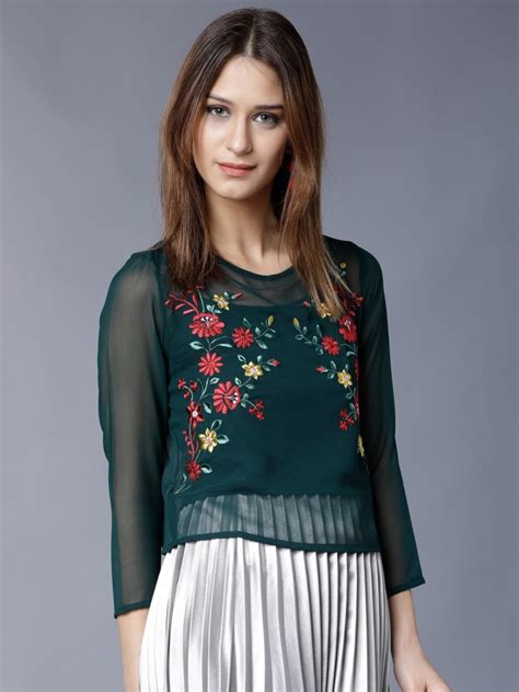 Buy Tokyo Talkies Green Embroidered Sheer Top For Women Online At Rs