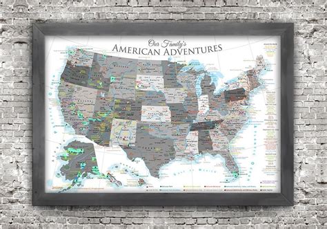 National Parks Map Black And White Edition Framed Push Pin Map Usa