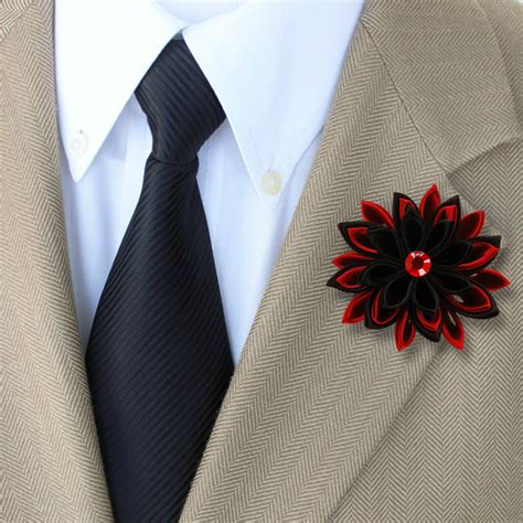 Black Red Mens Lapel Pin Kanzashi Flower Lapel Brooch Grooms