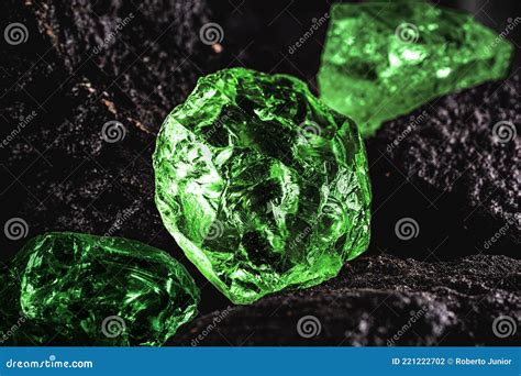 Raw Emerald Gem In Rare Stone Mine Bright Green Stone Stock Photo