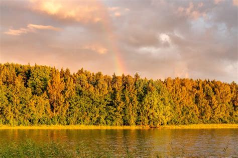 Rainbow Over The Lake And Forest At Sunset On A Summer Day Stock Photo