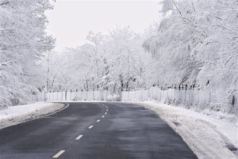 Empty Road With Snow Covered Landscape Beautiful Winter Seasonal