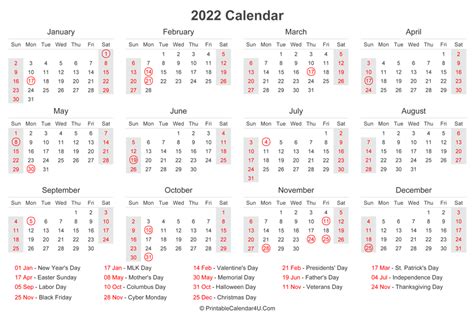 2022 Calendar With Us Holidays At Bottom Landscape Layout