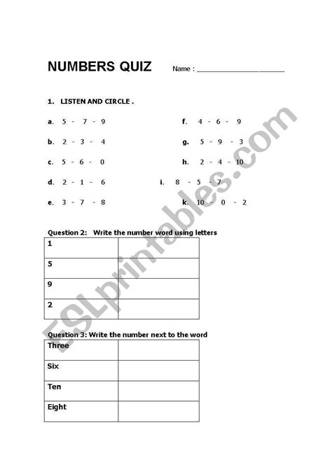 English Worksheets Numbers Quiz