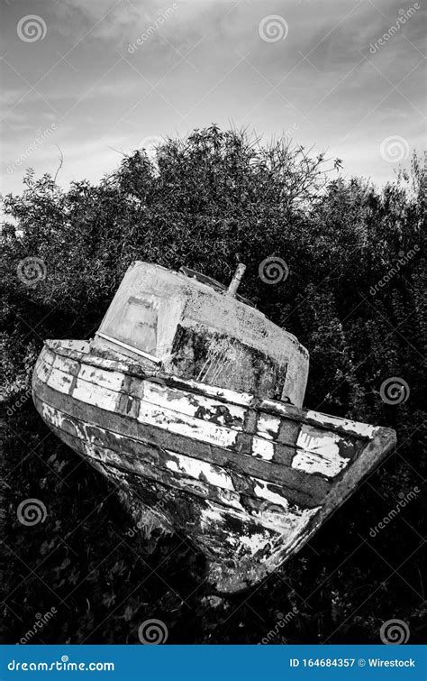 Vertical Grayscale Shot Of An Old Abandoned Ship In The Middle Of Woods