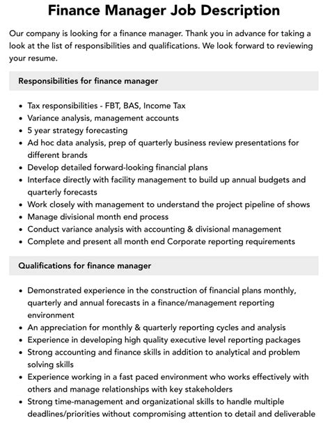 Finance Manager Job Description Velvet Jobs
