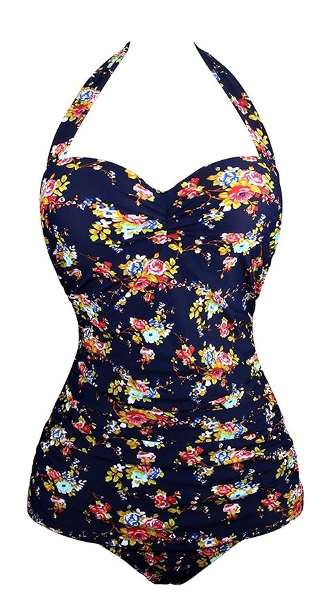 Womens Vintage 50s Swimsuit One Piece Bathing Suit Navy Floral