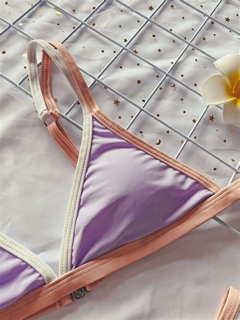 Contrast Binding Triangle Thong Bikini Swimsuit Size M