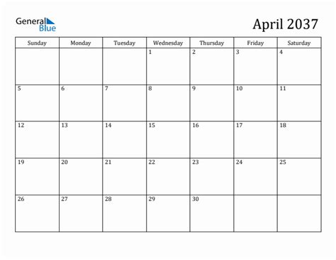 April 2037 Monthly Calendar Pdf Word Excel