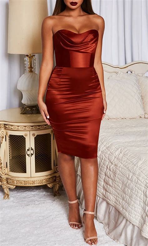 One More Night Brown Satin Strapless Draped Sweetheart Neck Bodycon