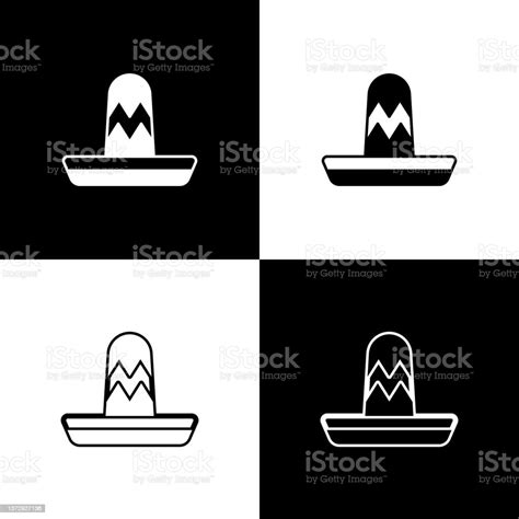 Set Traditional Mexican Sombrero Hat Icon Isolated On Black And White Background Vector Stock