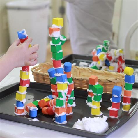 Preschool Towers Out Of Shaving Cream And Foam Blocks Preschool Stem