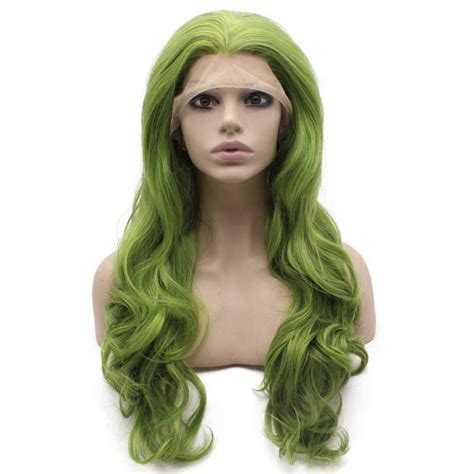 Long Wavy Green Heat Resistant Fiber Hair Lace Front Wig