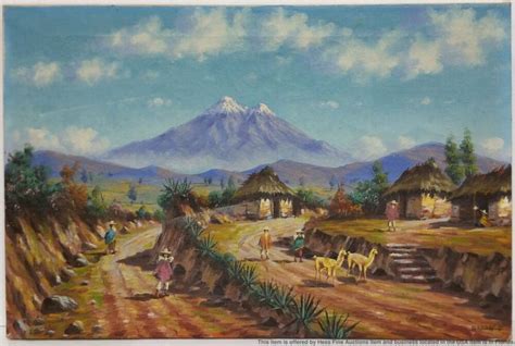 Vintage Latin America Peru Village Mountain Landscape Oil