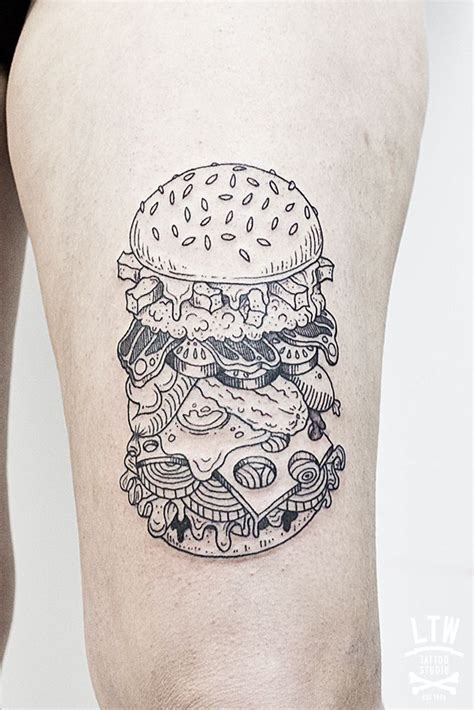 Deconstruction Of Burger Tattoo On Thigh Tattoo Studio Ink Tattoo