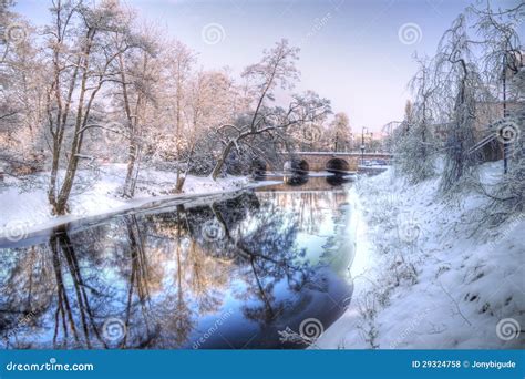 Winter River And Bridge In Sweden Stock Photo Image Of Construction