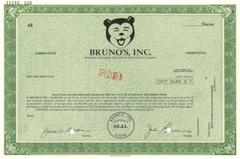 Brunos Inc Specimen Stock Certificate