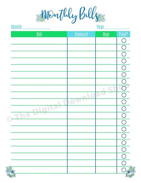 Calendars And Planners Printable Bill Payment Tracker Monthly Bills