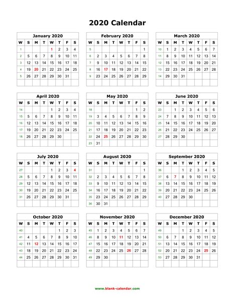 Yearly Calendar 2020 Vertical Calendar Printable